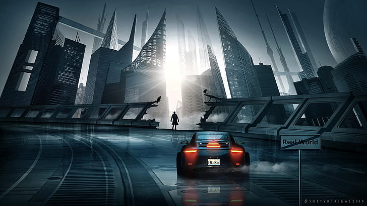 car, sports car, silhouette, city, cyberpunk, futurism
