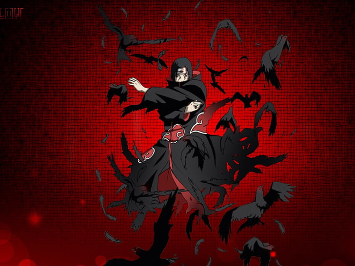 Uchiha Itachi wallpaper, Naruto Shippuuden, raven, red background, HD wallpaper