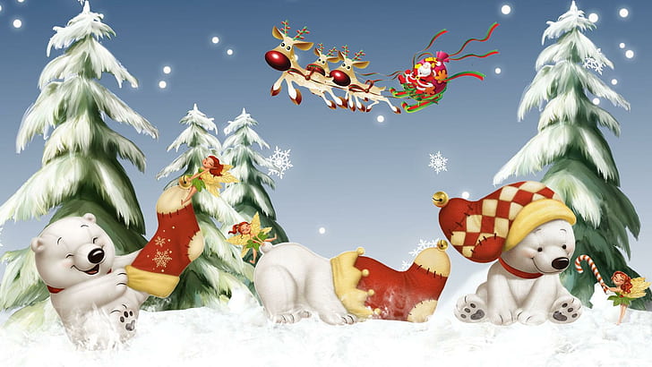 Polar Bear Christmas, bear playing snow beside pine tree painting, HD wallpaper