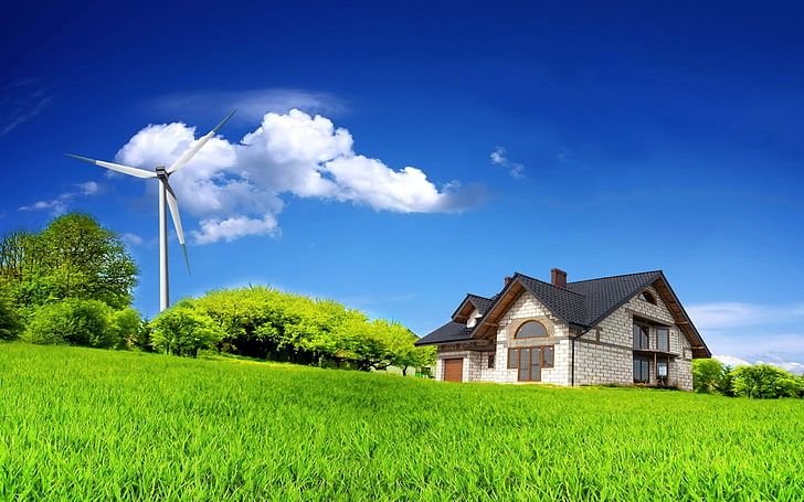 white wind turbine, house, grass, summer, nature, beautiful, fuel and Power Generation, HD wallpaper