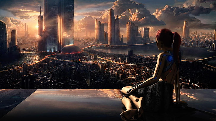 sci fi, girl, future, sit, building, city, fantasy art, futuristic