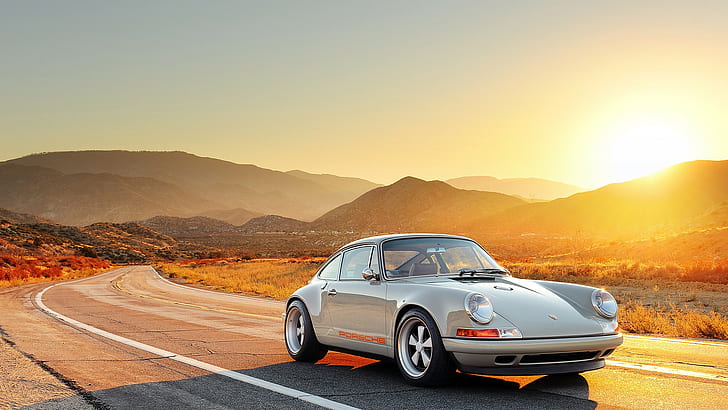Porsche, Singer, 911, gray porche carrera, sun, road, HD, HD wallpaper