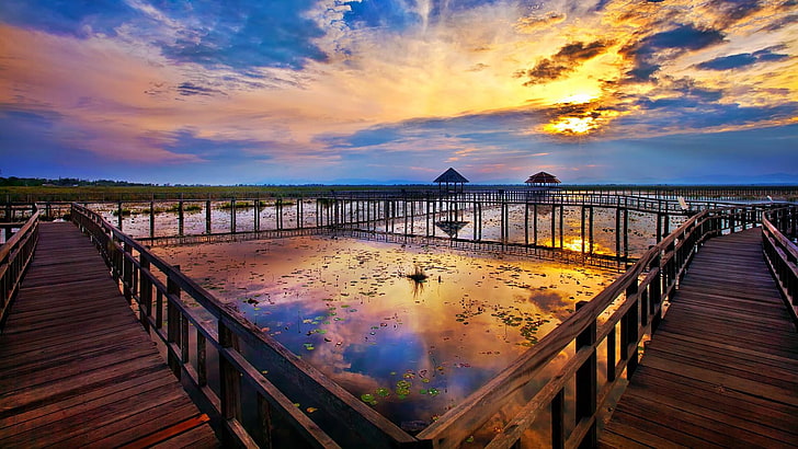sky, pier, horizon, reflection, cloud, sea, water, sunset, evening, HD wallpaper