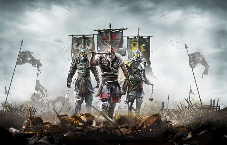 Knights standing near flag illustration, armor, samurai, flags, HD wallpaper