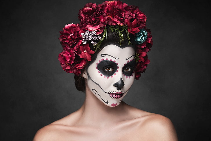 Dia de los Muertos, portrait, bare shoulders, makeup, skull, HD wallpaper