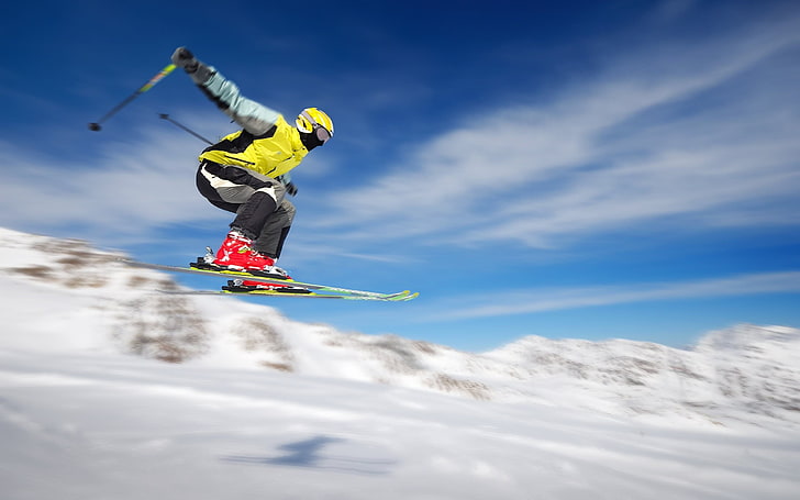yellow and white jacket, sky, sport , flying, snow, winter, jumping, HD wallpaper