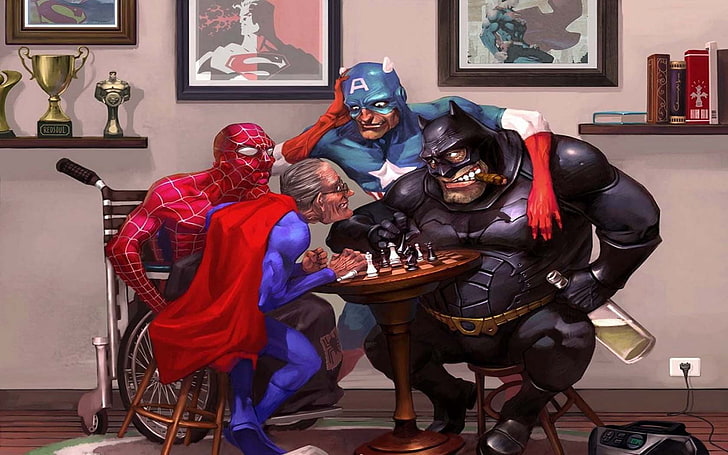 old Superman and Batman playing board game artwork, Spider-Man