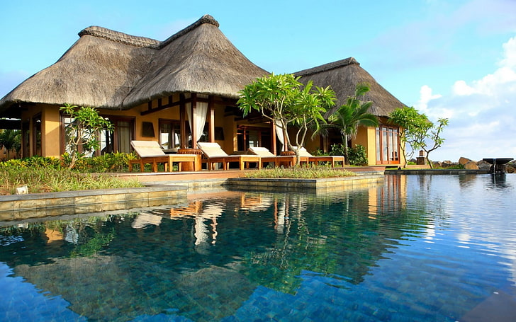 bungalow, sea, trees, resort, Indonesia, water, architecture, HD wallpaper