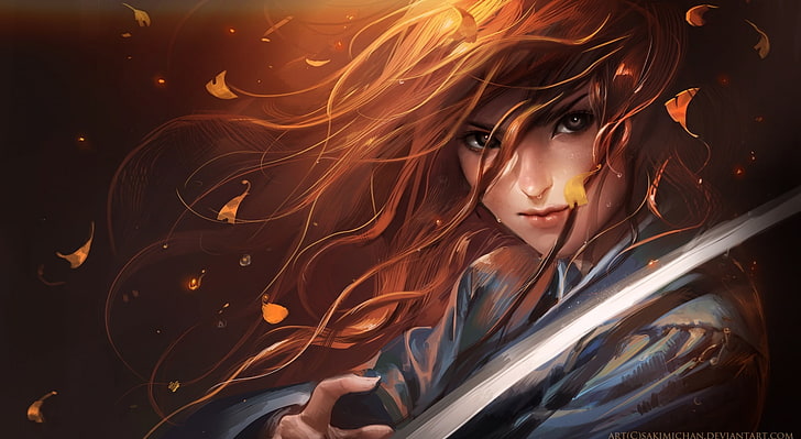 Red Haired Samurai, brown-haired female character holding sword