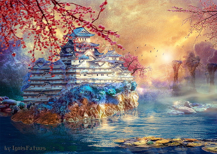 white and gray temple near body of water painting by Ignis Fatuus, HD wallpaper