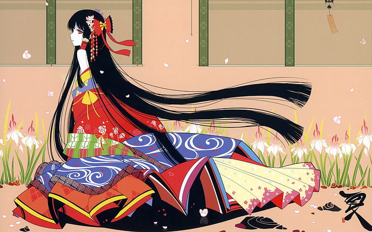 geisha anime art, girl, brunette, japan, color, brightness, computer Graphic