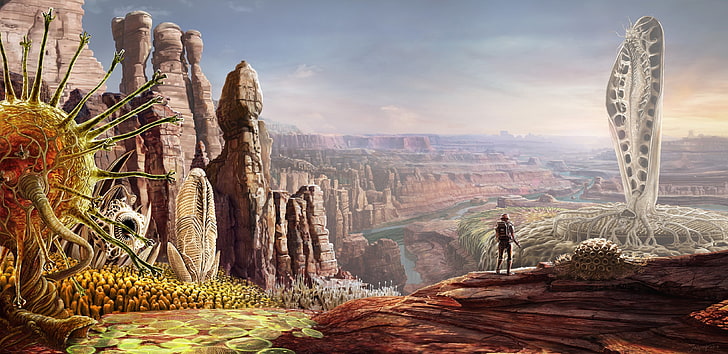 man standing on cliff painting, artwork, fantasy art, digital art