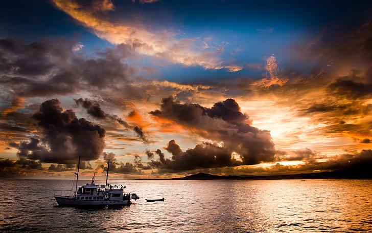 Evening, sea, coast, sunset, boat, clouds, HD wallpaper