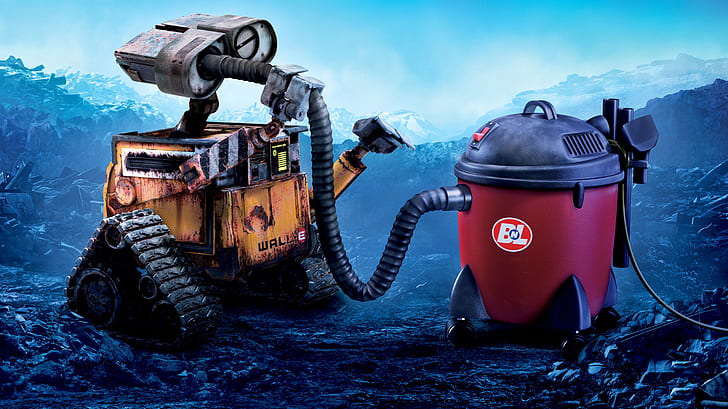 Wall-E Vacuum Robot HD, black and red canister vacuum cleaner with robot character illustration, HD wallpaper
