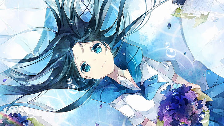 1055018 illustration flowers long hair anime anime girls blue hair  blue eyes open mouth looking at viewer wings angel artwork original  characters sadness crying ribbon wing mangaka  Rare Gallery HD  Wallpapers