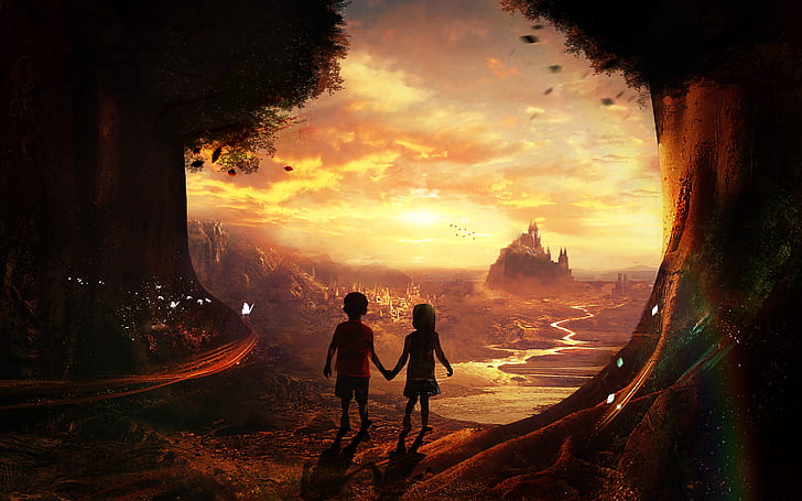 Fairy Tales Kids, sunset, sky, two people, men, togetherness, HD wallpaper