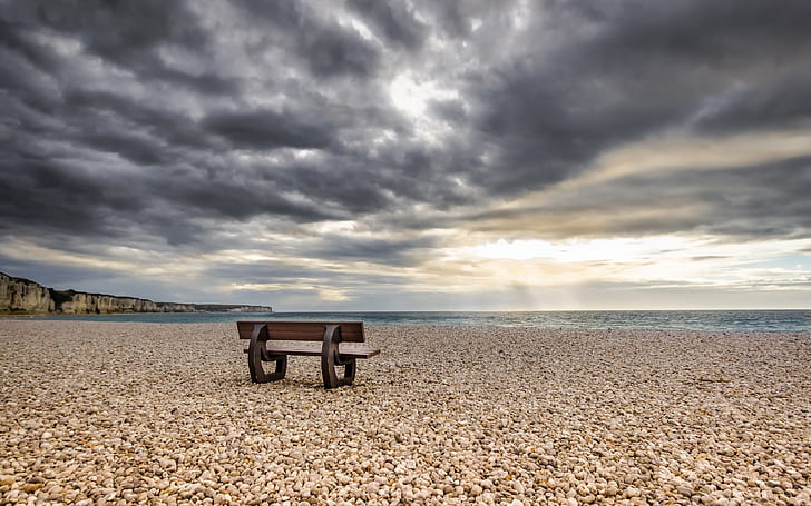 Sea, beach, stones, bench, clouds