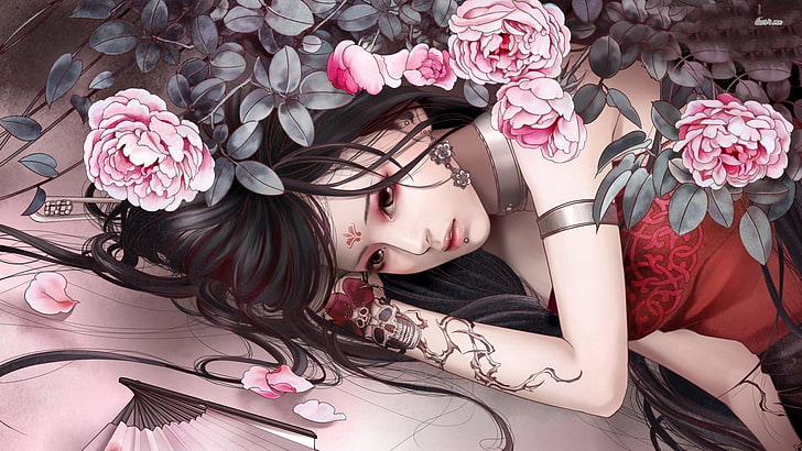 love, roses, woman, flowers, red, beauty, anime, HD wallpaper