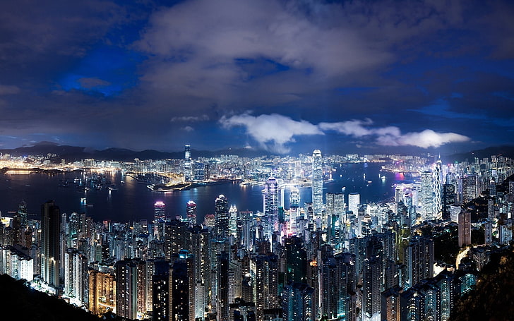 city buildings, china, night, metropolis, skyscrapers, lights