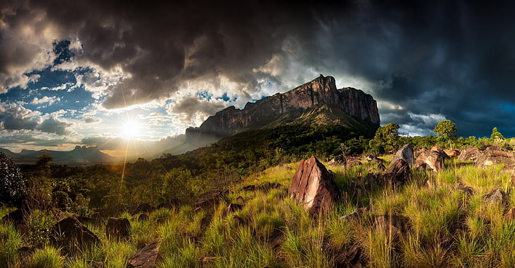 rocky mountain, nature, landscape, mountains, grass, clouds, sunset, HD wallpaper