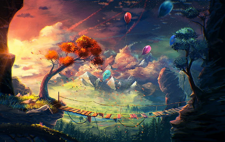 anime artwork fantasy art mountain bridge balloons sylar clouds, HD wallpaper