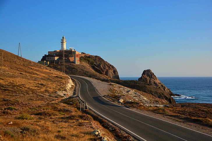 landscape photo of road near body of water, Faro, Cabo de Gata, HD wallpaper