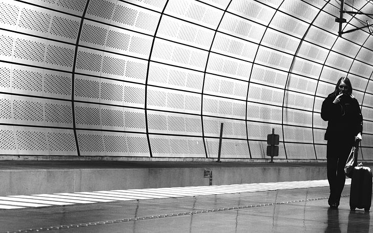 airports, females, girls, monochrome, people, travel, tunel