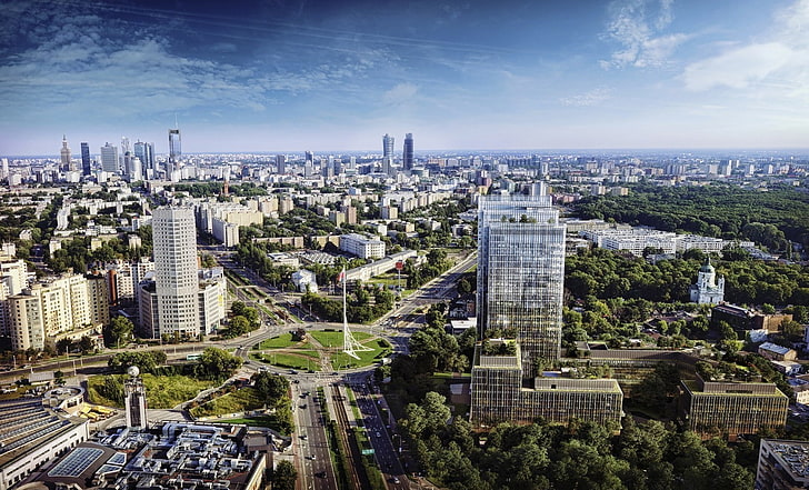 Warsaw, skyline, skyscraper, Poland, building exterior, city, HD wallpaper