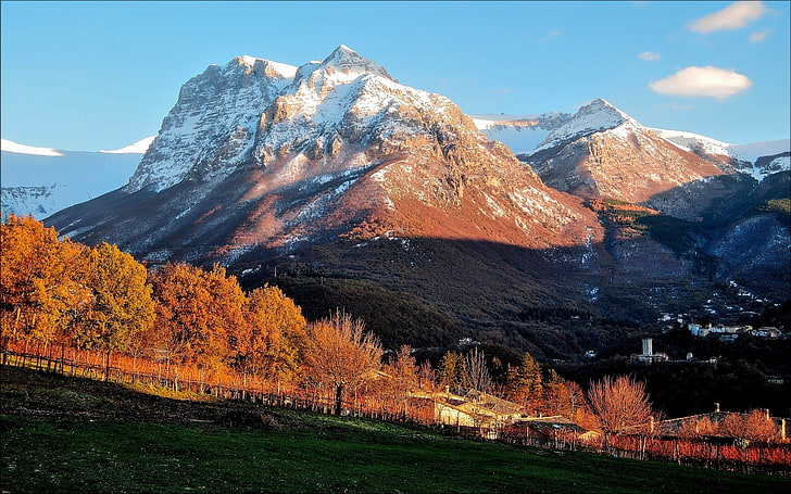 snow-capped mountain, mountains, fall, nature, villages, grass