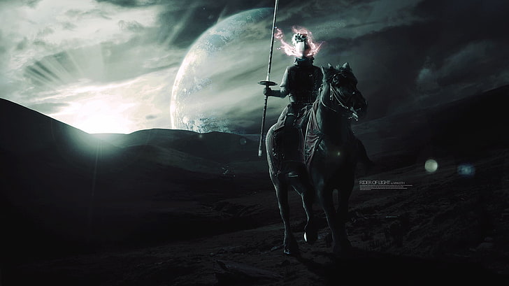 ghost warrior riding horse digital wallpaper, digital art, planet