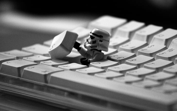 Star Wars, stormtrooper, LEGO, keyboards, monochrome, humor