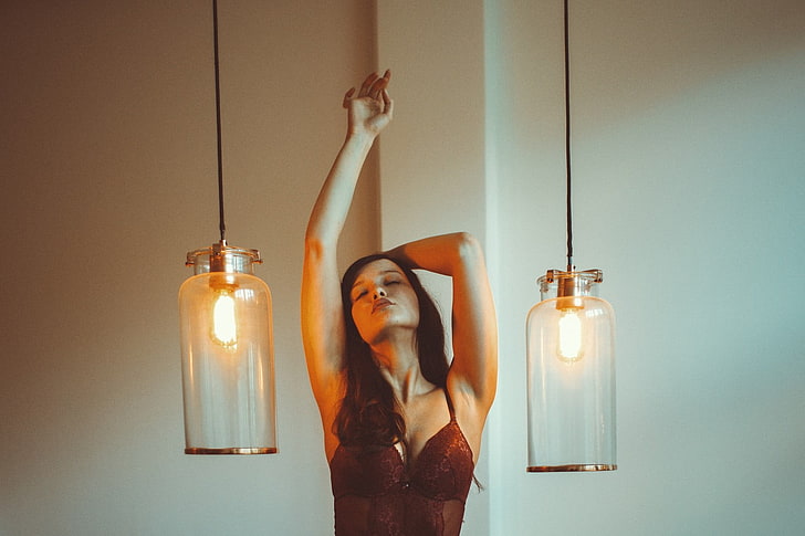 women, model, brunette, closed eyes, light bulb, red lingerie, HD wallpaper