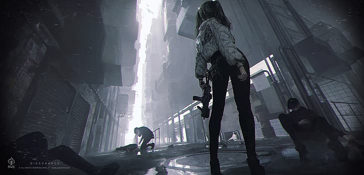 Shal. E, drawing, women, pigtails, alleyway, weapon, submachine gun