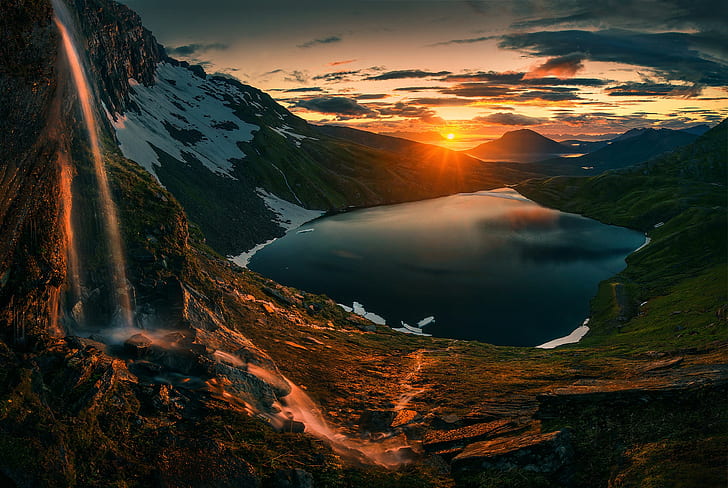 Northern, Norway, Lake, green grass, Sunset, Mountains, Sunrise
