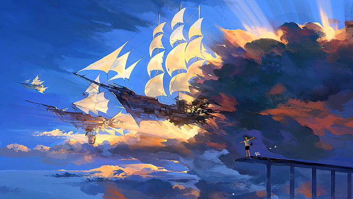 galleon ship in the sky wallpaper, landscape, clouds, anime, artwork, HD wallpaper