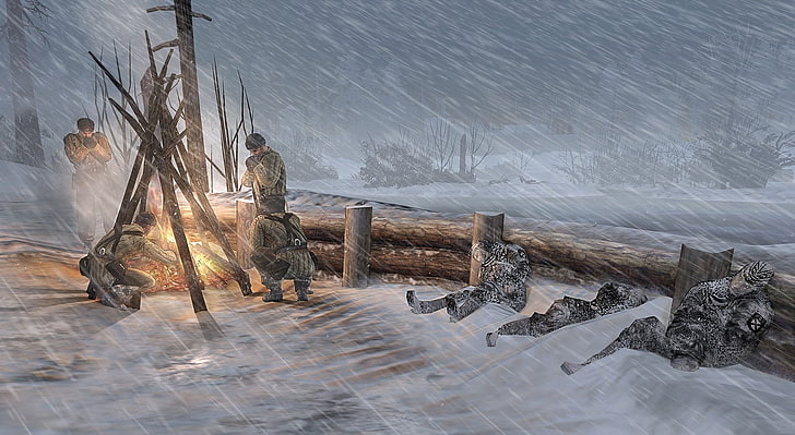 Company Of Heroes 2 2013, two men standing in front of bonfire illustration