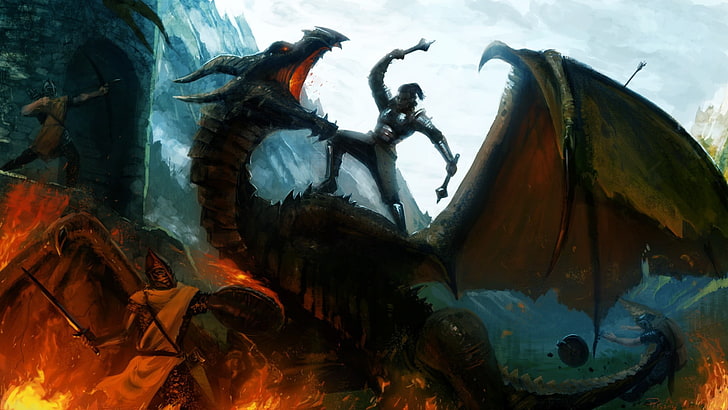 black dragon illustration, The Elder Scrolls V: Skyrim, video games, HD wallpaper