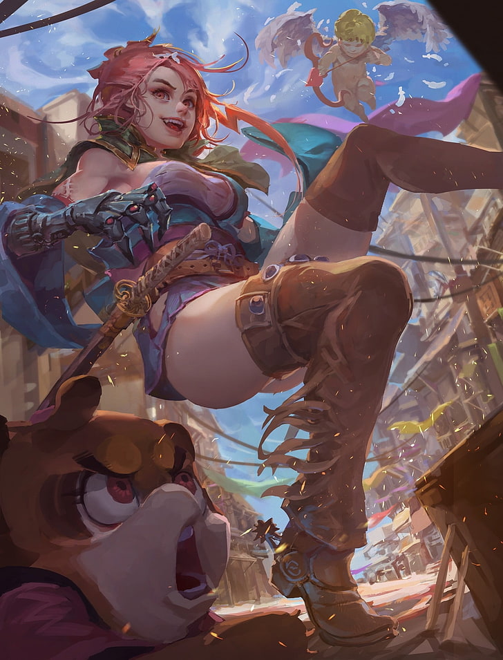 pink-haired female character, fantasy art, warrior, sword, women, HD wallpaper