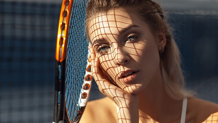 women, blonde, face, tennis rackets, portrait, gray eyes
