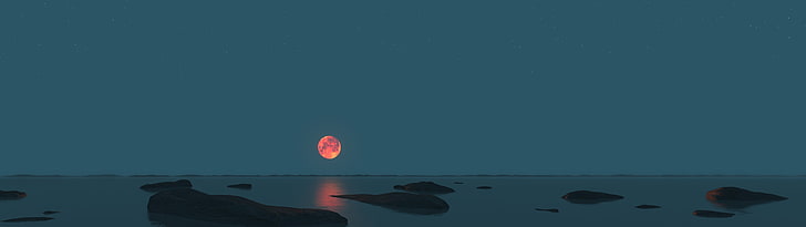 moon illustration, landscape, sunset, lake, sea, nature, night