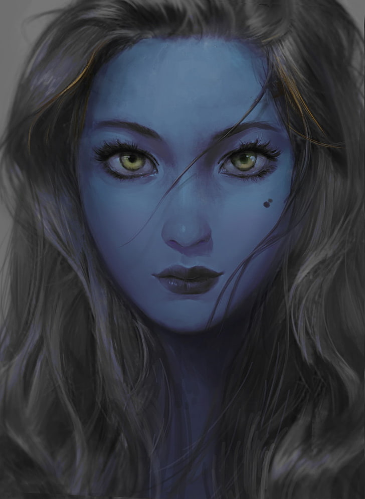 fantasy art, blue, fantasy girl, face, portrait, hair, looking at camera, HD wallpaper