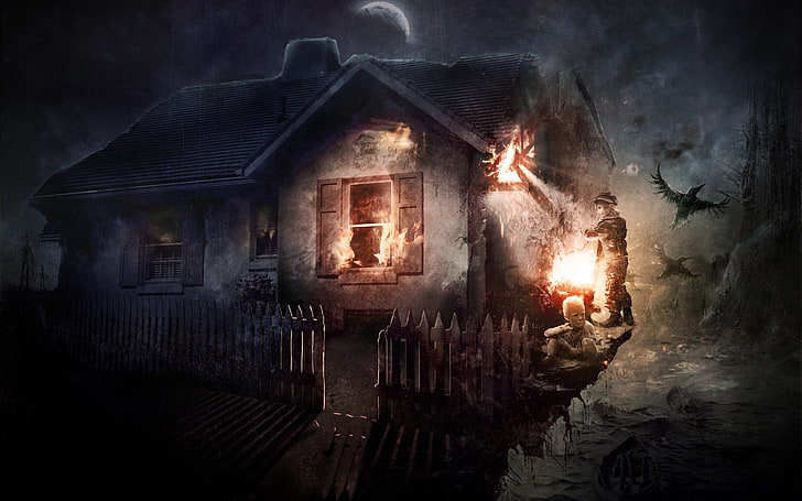 man outside house painting, fantasy art, architecture, fire, burning