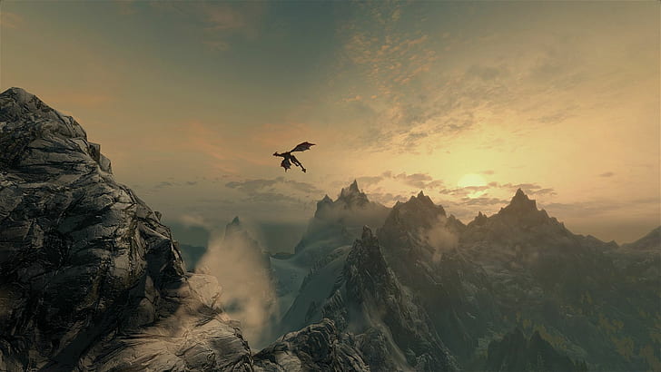 Skyrim Elder Scolls Dragon Mountains HD, video games, HD wallpaper