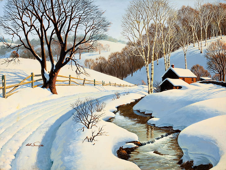 Winter scenery painting, stream, house, road, trees, snow