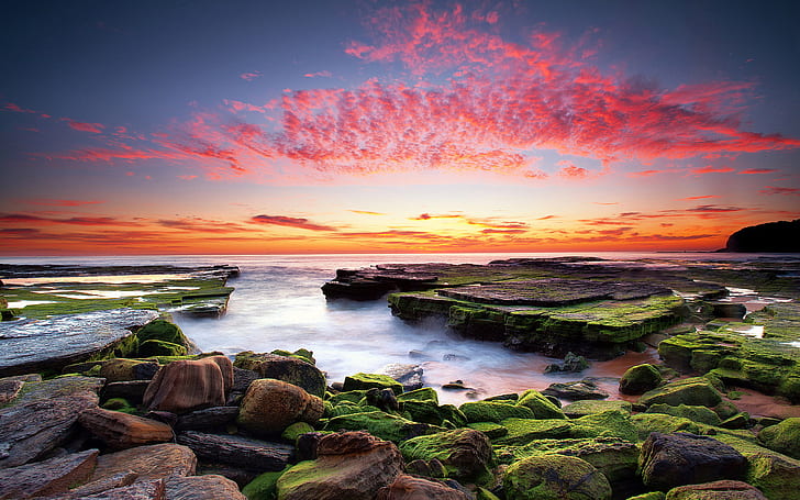 Sunset Coast In Australia Waves Rocks With Green Moss Sky Red Clouds Horizon Hd Wallpaper For Laptop And Tablet 2560×1600