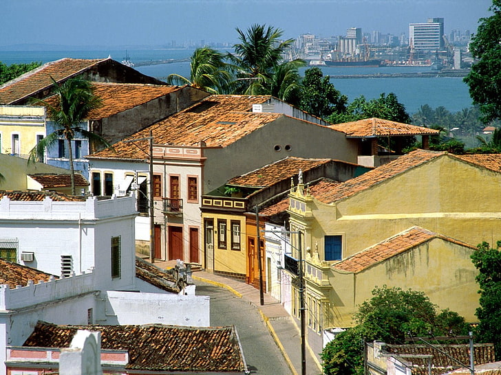 brown concrete houses, cityscape, town, street, Brasil, tropical, HD wallpaper