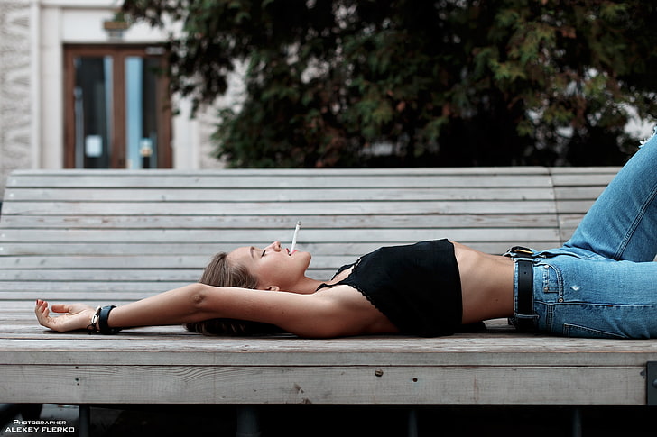 women, model, brunette, outdoors, bench, lying on back, black tops