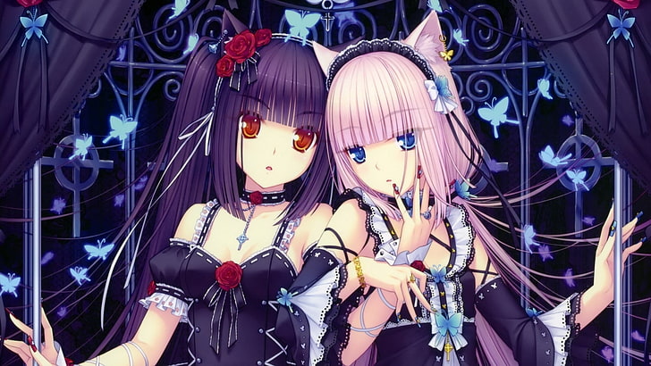 two purple-and-pink-haired female anime characters, nekomimi
