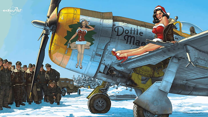 girl, snow, New Year, art, the plane, USAF, pin-up, P-47 Thunderbolt, HD wallpaper