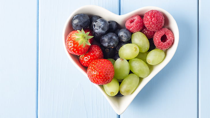 Fruits, heart shaped cup, strawberries, blueberries, grapes, raspberries, HD wallpaper